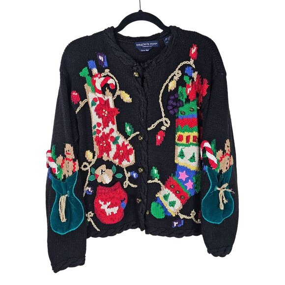 Vtg 90s Eagles Eye Christmas Sweater L Multi Hand Knit 3D Embellished Festive - Picture 1 of 11